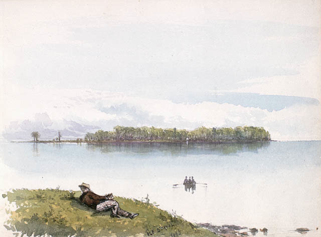 Aquarelle « Île Dorval » de Frances Anne Hopkins, 1866, l'île vue de la rive