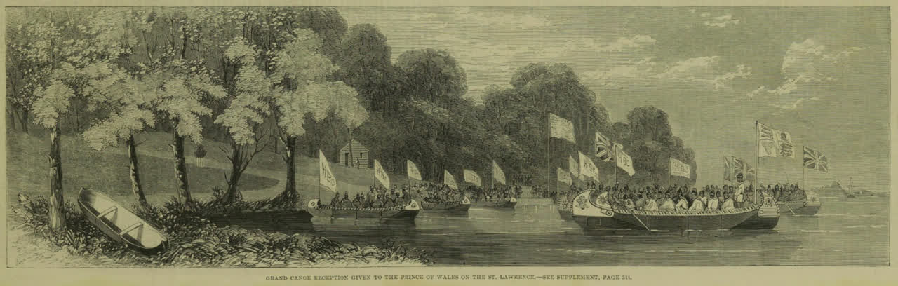 Gravure de 1860 montrant la réception en grands canots donnée pour le prince de Galles sur le Saint-Laurent