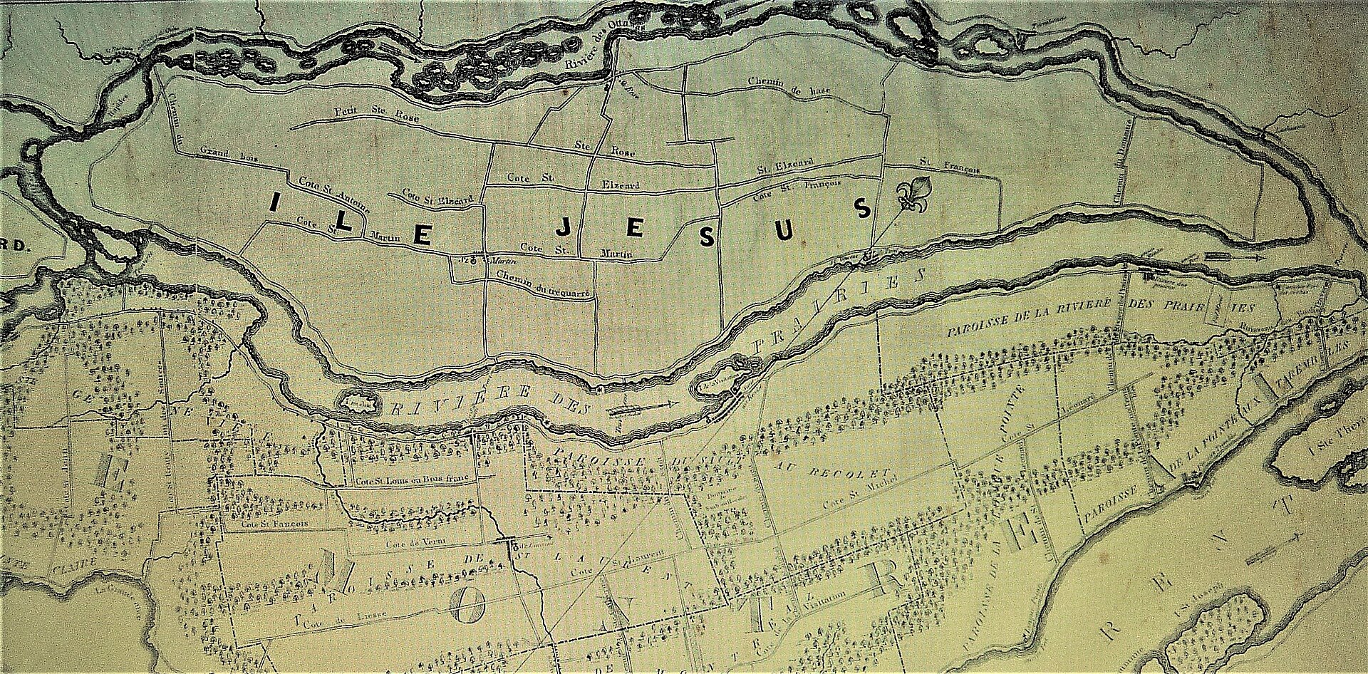 Carte de l'île Jésus en 1834 où apparaît la côte Saint-Elzéar, l'ancêtre de Vimont