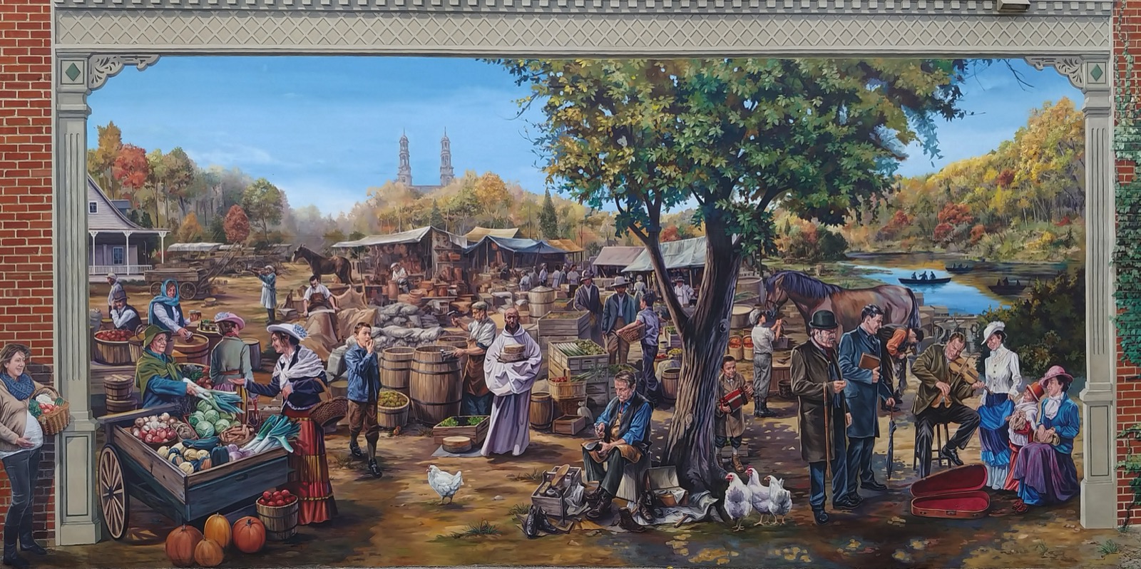 Murale peinte représentant le marché public de Saint-Eustache au 19e siècle
